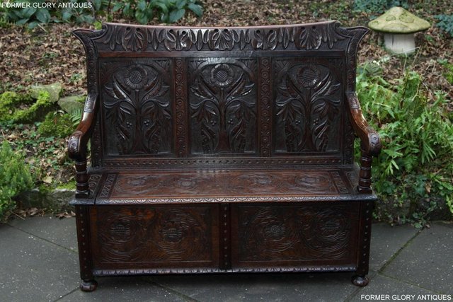 Image 12 of CARVED OAK SETTLE ARMCHAIR MONKS BENCH HALL SEAT PEW CHEST