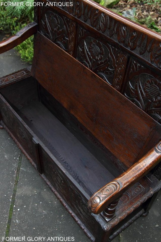 Image 13 of CARVED OAK SETTLE ARMCHAIR MONKS BENCH HALL SEAT PEW CHEST