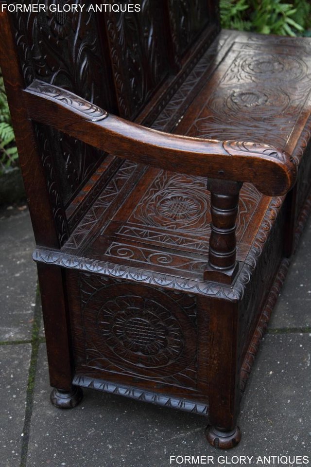 Image 14 of CARVED OAK SETTLE ARMCHAIR MONKS BENCH HALL SEAT PEW CHEST