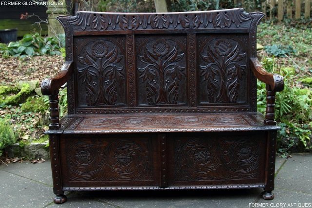 Image 15 of CARVED OAK SETTLE ARMCHAIR MONKS BENCH HALL SEAT PEW CHEST