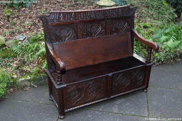 Image 17 of CARVED OAK SETTLE ARMCHAIR MONKS BENCH HALL SEAT PEW CHEST