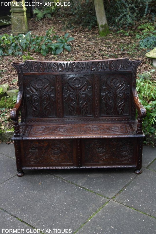 Image 20 of CARVED OAK SETTLE ARMCHAIR MONKS BENCH HALL SEAT PEW CHEST