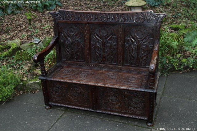 Image 25 of CARVED OAK SETTLE ARMCHAIR MONKS BENCH HALL SEAT PEW CHEST