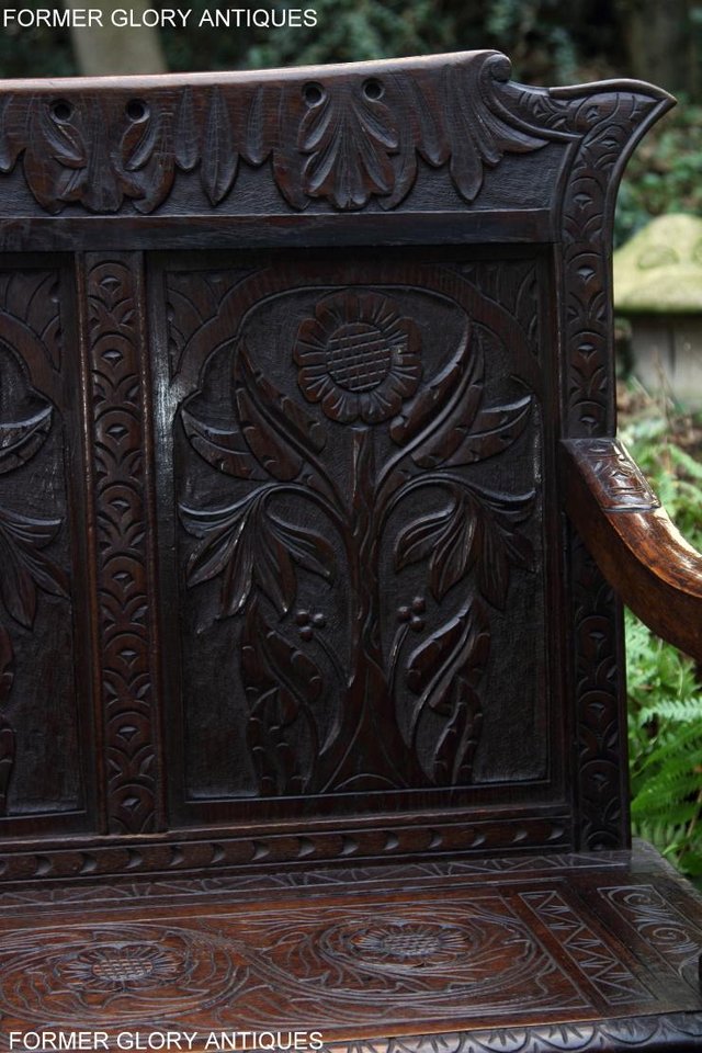 Image 34 of CARVED OAK SETTLE ARMCHAIR MONKS BENCH HALL SEAT PEW CHEST