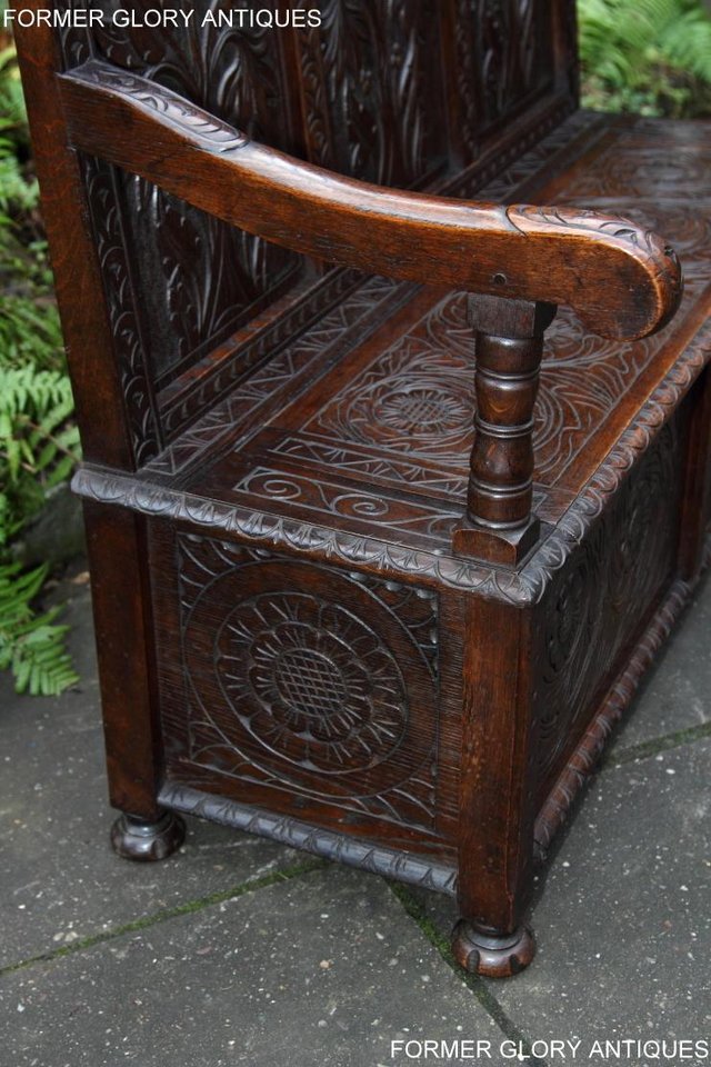 Image 35 of CARVED OAK SETTLE ARMCHAIR MONKS BENCH HALL SEAT PEW CHEST