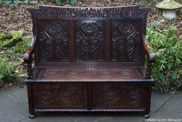 Image 37 of CARVED OAK SETTLE ARMCHAIR MONKS BENCH HALL SEAT PEW CHEST