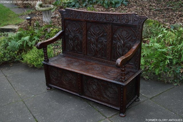 Image 42 of CARVED OAK SETTLE ARMCHAIR MONKS BENCH HALL SEAT PEW CHEST