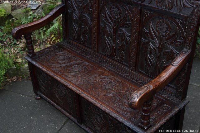 Image 46 of CARVED OAK SETTLE ARMCHAIR MONKS BENCH HALL SEAT PEW CHEST