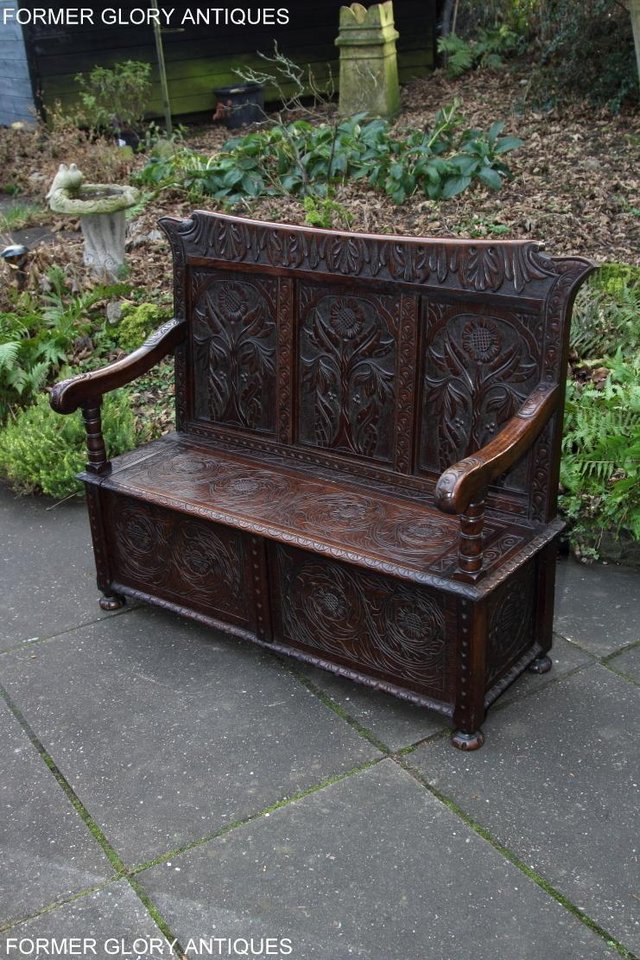 Image 53 of CARVED OAK SETTLE ARMCHAIR MONKS BENCH HALL SEAT PEW CHEST