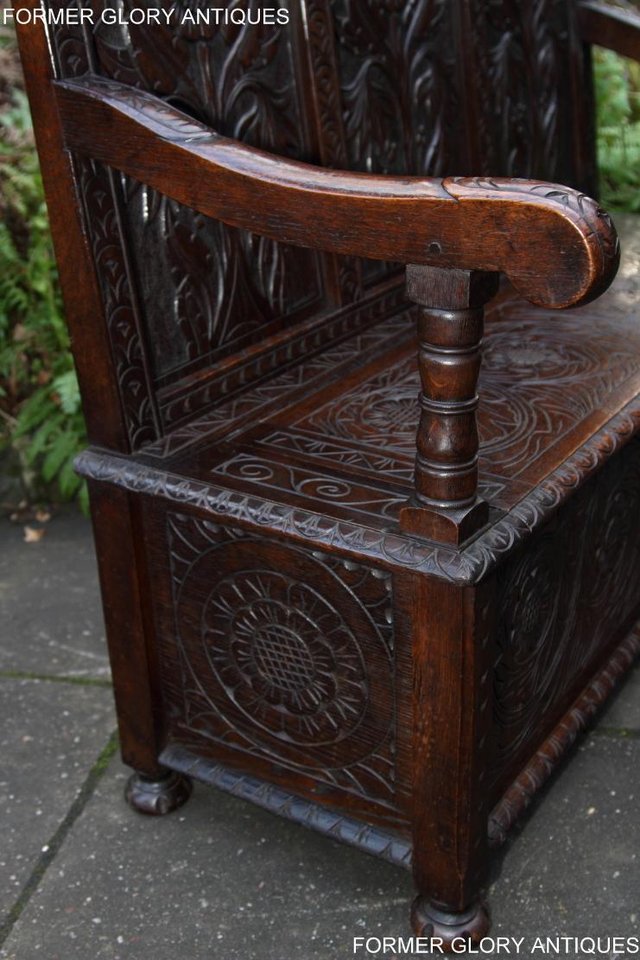 Image 54 of CARVED OAK SETTLE ARMCHAIR MONKS BENCH HALL SEAT PEW CHEST
