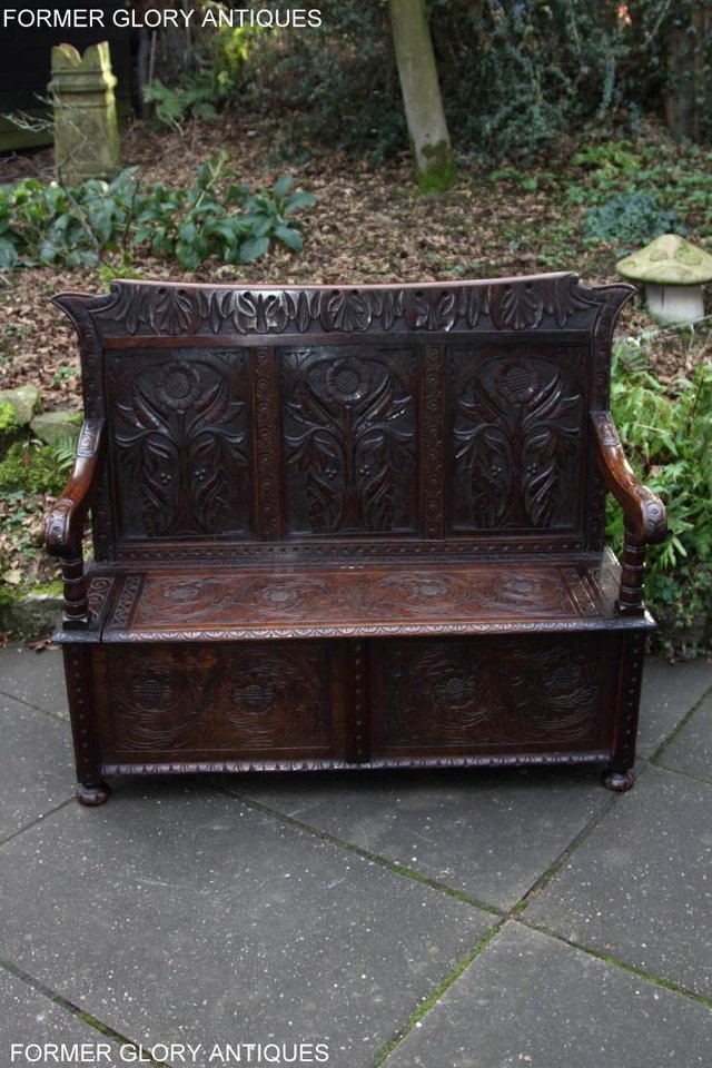 Image 57 of CARVED OAK SETTLE ARMCHAIR MONKS BENCH HALL SEAT PEW CHEST