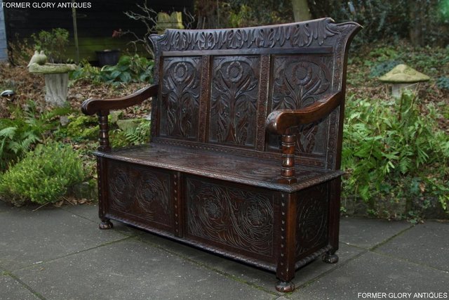 Image 61 of CARVED OAK SETTLE ARMCHAIR MONKS BENCH HALL SEAT PEW CHEST