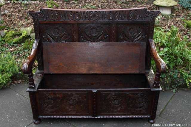 Image 62 of CARVED OAK SETTLE ARMCHAIR MONKS BENCH HALL SEAT PEW CHEST