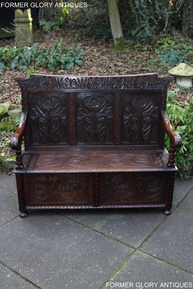 Image 69 of CARVED OAK SETTLE ARMCHAIR MONKS BENCH HALL SEAT PEW CHEST