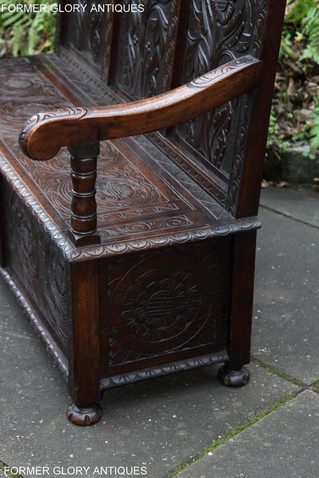 Image 73 of CARVED OAK SETTLE ARMCHAIR MONKS BENCH HALL SEAT PEW CHEST