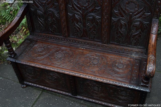 Image 76 of CARVED OAK SETTLE ARMCHAIR MONKS BENCH HALL SEAT PEW CHEST