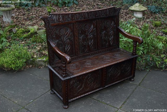 Image 79 of CARVED OAK SETTLE ARMCHAIR MONKS BENCH HALL SEAT PEW CHEST