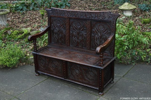 Image 80 of CARVED OAK SETTLE ARMCHAIR MONKS BENCH HALL SEAT PEW CHEST