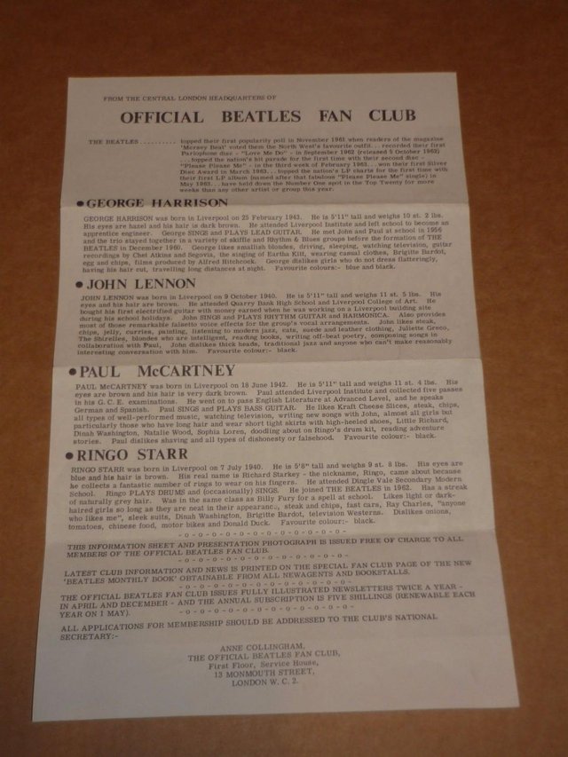 Preview of the first image of Beatles Original UK Fan Club Bio Sheet, 1963..