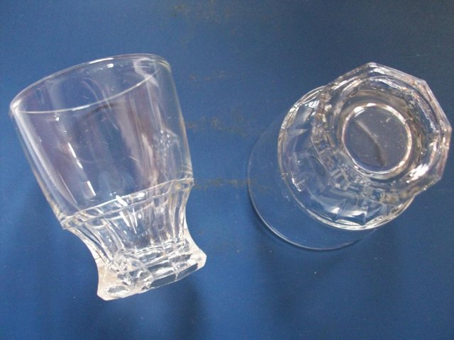 Preview of the first image of PAIR OF VINTAGE SHOT GLASSES FLUTED OCTAGONAL BASE **GC**.