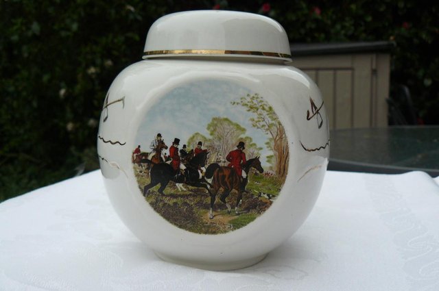 Preview of the first image of Equestrian themed decoration on a vintage Ginger Jar..