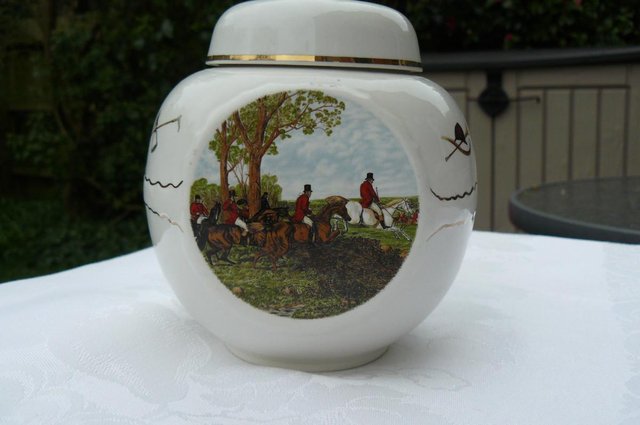 Image 2 of Equestrian themed decoration on a vintage Ginger Jar.