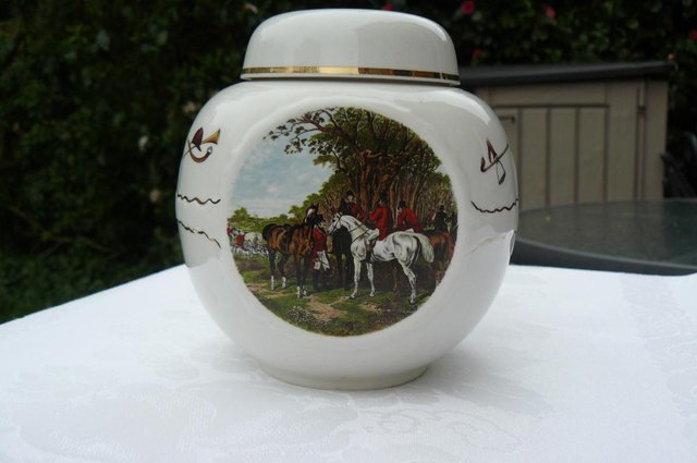 Image 3 of Equestrian themed decoration on a vintage Ginger Jar.