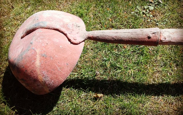 Preview of the first image of Very long antique or vintage scoop with nice wooden handle.