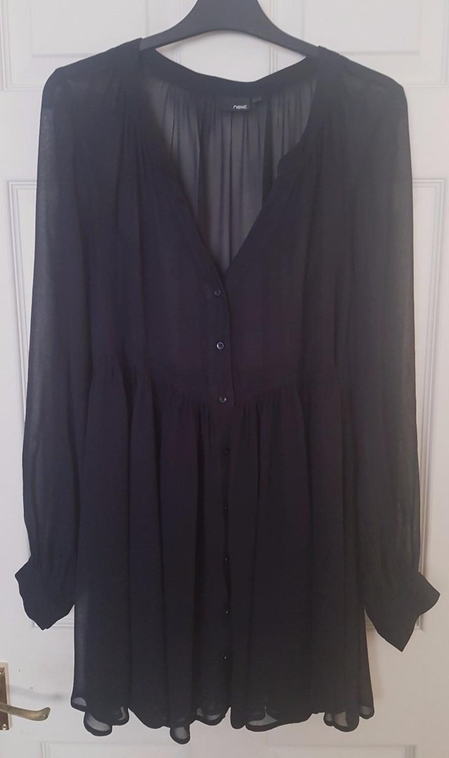 Preview of the first image of Pretty Ladies Navy Sheer Blouse By Next - Sz 16.