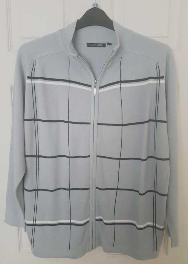 Preview of the first image of Lovely Men's Pale Blue/Black/White Check Cardigan - Sz S.