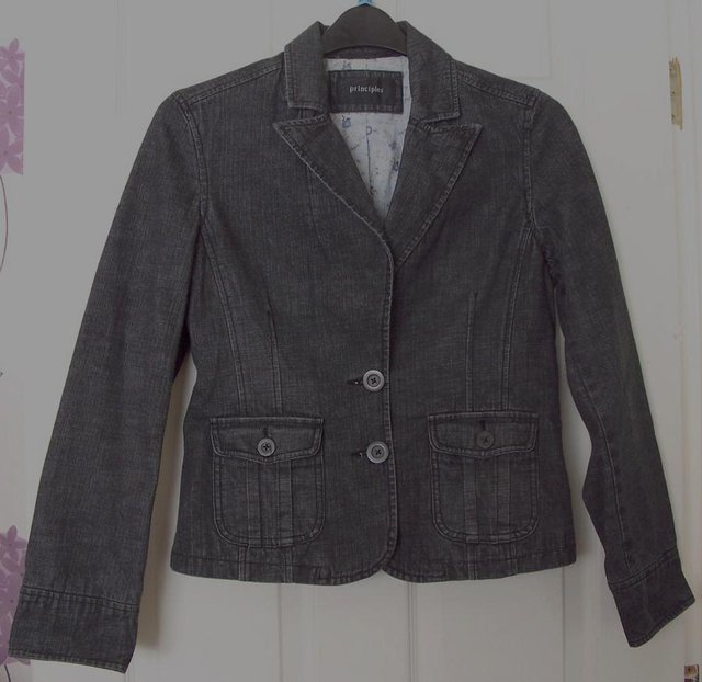 Preview of the first image of Ladies Charcoal Grey Principles Denim Jacket - Sz 12.