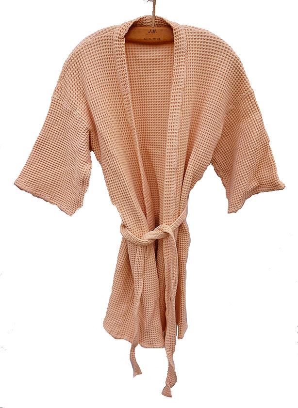 Preview of the first image of LADIES BATHROBE, SALMON PINK, PURE COTTON, MADE IN FRANCE.