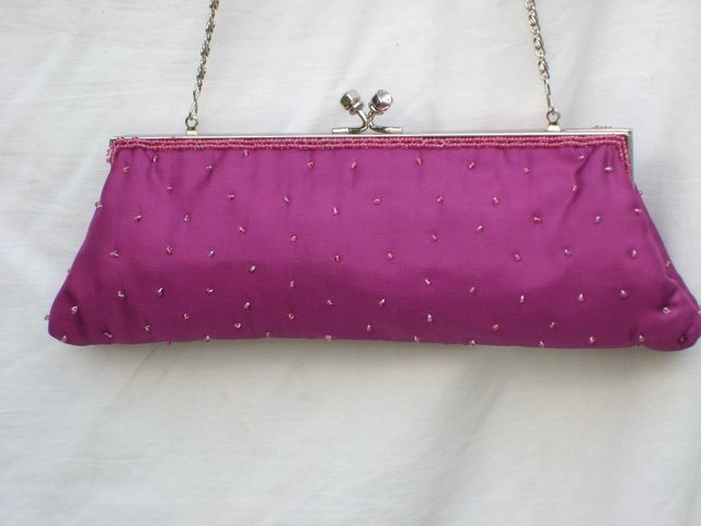 Preview of the first image of Country Casuals Cerise Satin Beaded Handbag/Clutch.