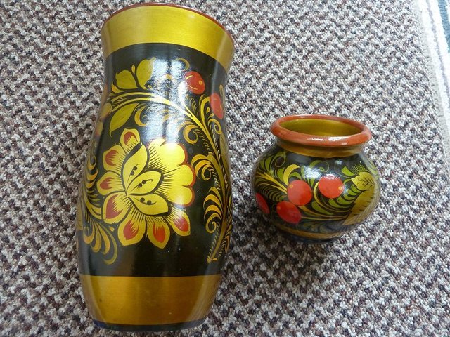 Preview of the first image of 2 vintage Russian Khokhloma Wood Vases.