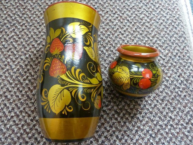 Image 3 of 2 vintage Russian Khokhloma Wood Vases