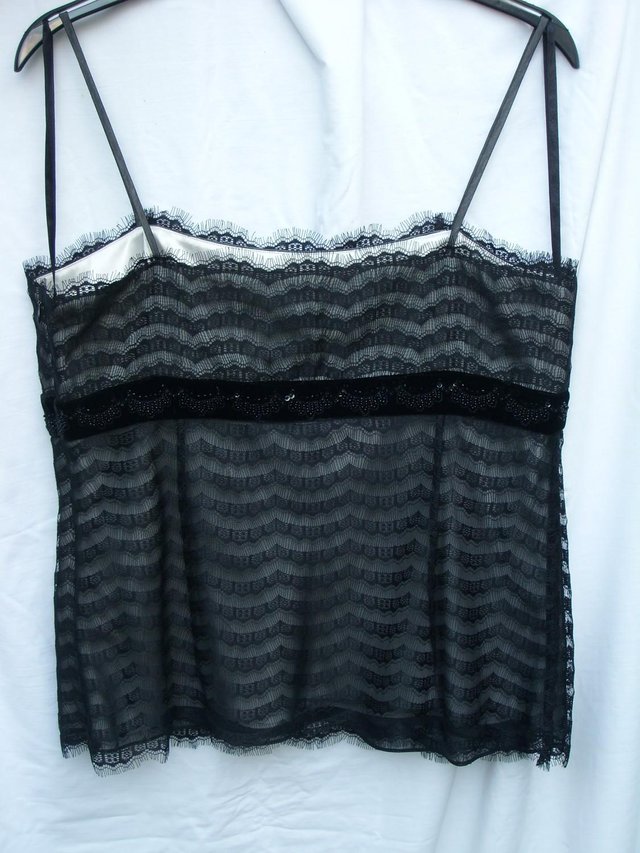Image 3 of Ann Taylor Petite black lace top with velvet and bead/sequin