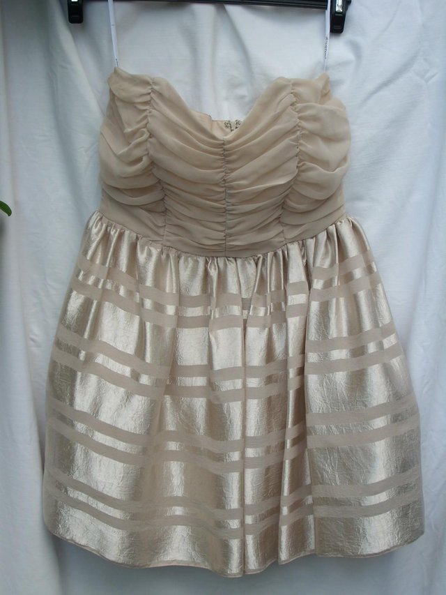 Preview of the first image of PRIMARK Gold Strapless Prom Mini Dress – Size 12.
