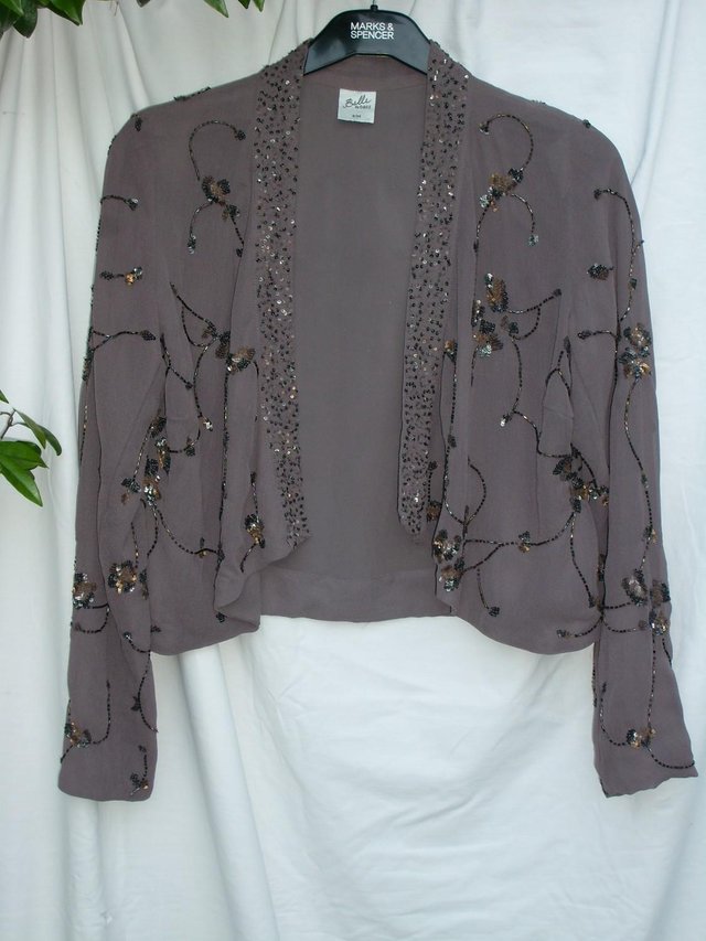 Preview of the first image of BELLE BY OASIS Bead/Sequin Chiffon Bolero Jacket Top-Size 8.