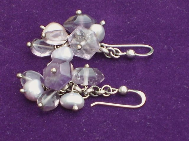 Image 3 of 925 Silver, Pearl & Purple Stone Drop Earrings Drop Earrings