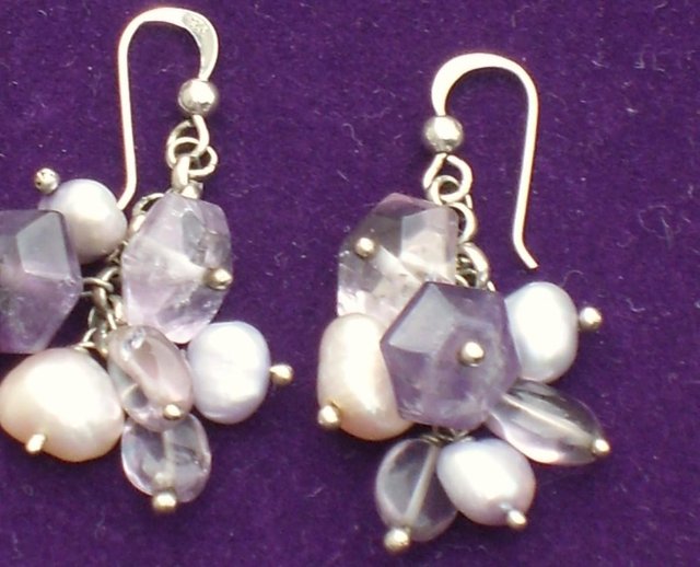 Preview of the first image of 925 Silver, Pearl & Purple Stone Drop Earrings Drop Earrings.