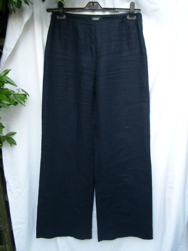 Preview of the first image of HOBBS Black Linen Wide Leg Trousers – Size 10.