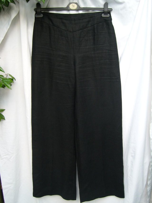Preview of the first image of HOBBS Brown Linen Wide Leg Trousers – Size 10.