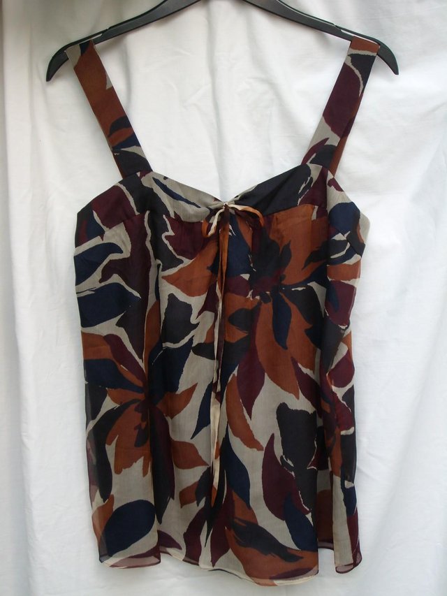 Preview of the first image of JIGSAW Blue/Brown Silk Chiffon Top – Size 12.