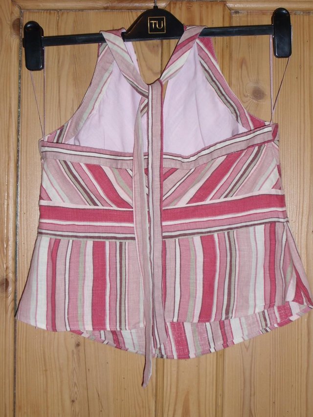 Image 2 of NEXT Pink Candy Striped Linen Halter Top – Size 14