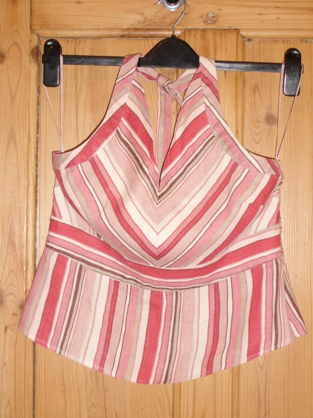 Preview of the first image of NEXT Pink Candy Striped Linen Halter Top – Size 14.
