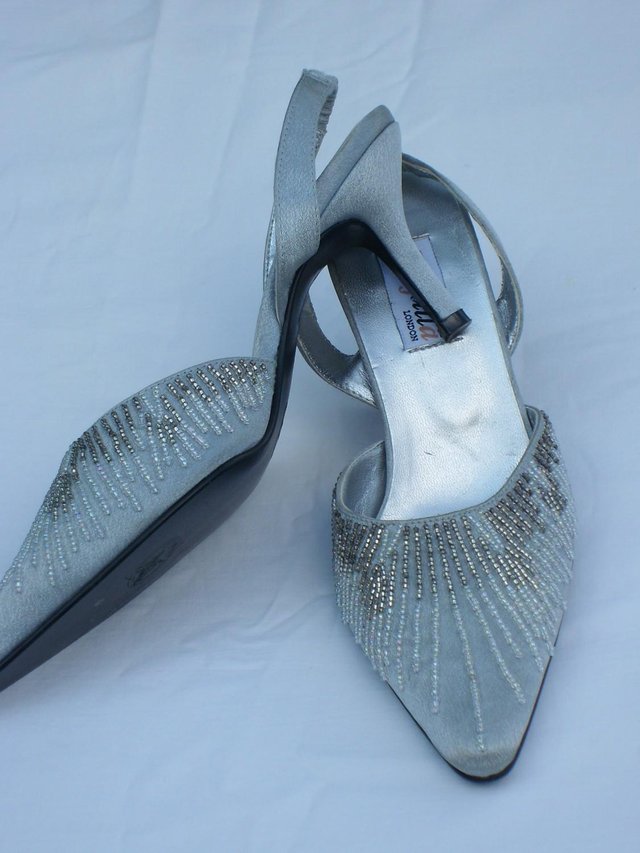 Image 2 of FARFALLA Silver Satin Beaded Shoes–Size 3/36 NEW!