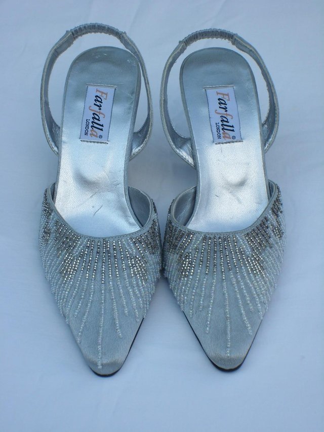 Preview of the first image of FARFALLA Silver Satin Beaded Shoes–Size 3/36 NEW!.