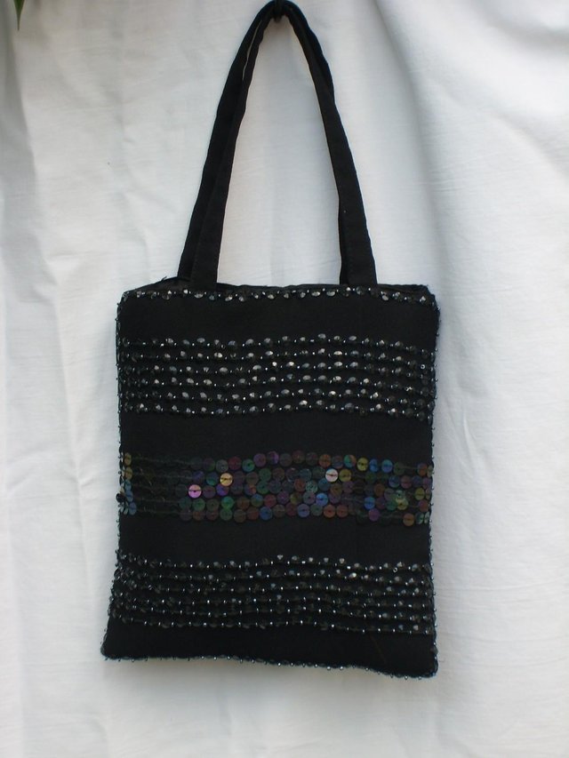 Preview of the first image of FRANGI TIE RACK Small Black Sequin/Bead Handbag – NEW!.