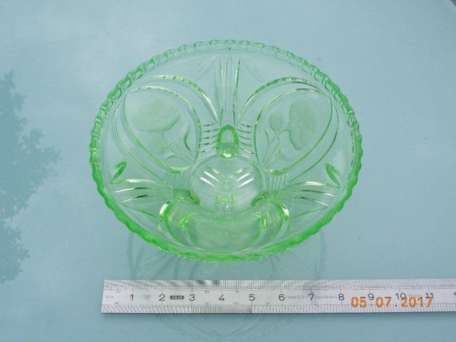 Preview of the first image of Vintage Green Glass Dish - Flower Patterned.