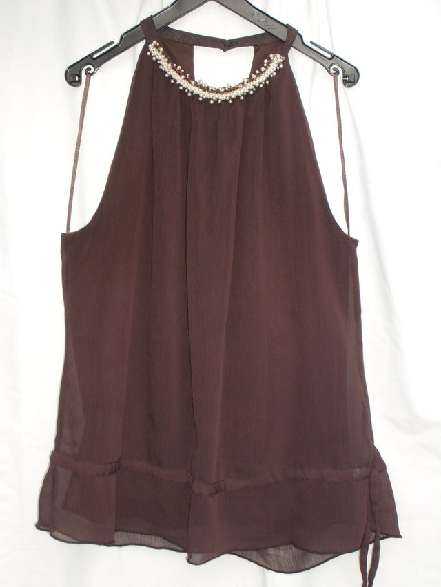 Preview of the first image of RED HERRING Brown Chiffon Bead Detail Top – Size 14.